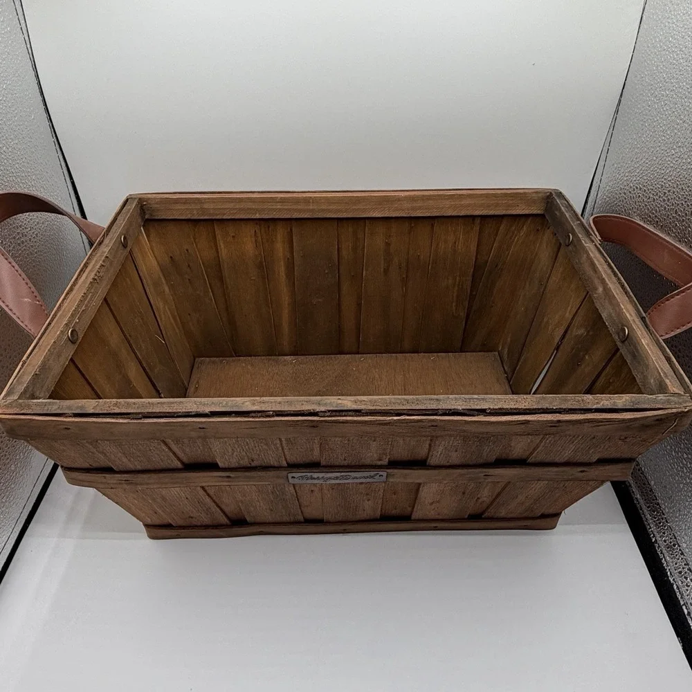 Harry & David Leather Handle Wooden Rectangle Basket Brown 15.5